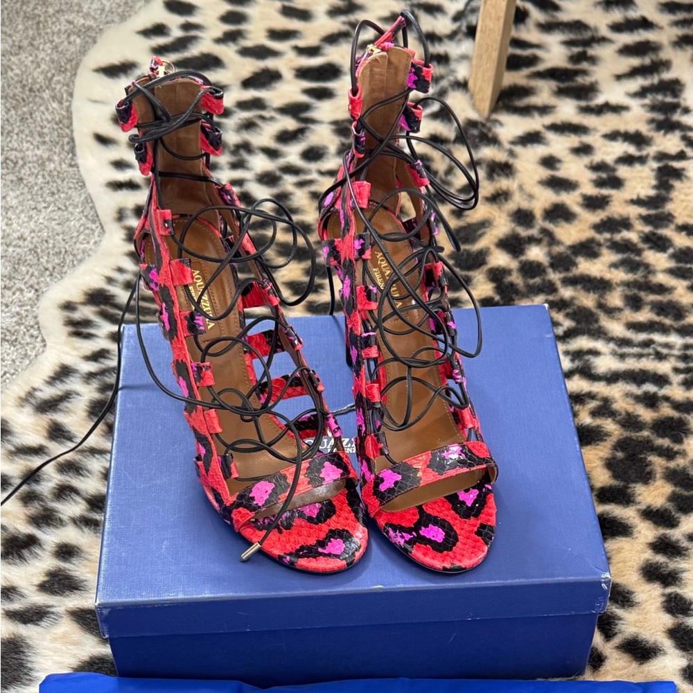 Aquazzura Amazon Caged Pink and Black Lace-Up Heels
